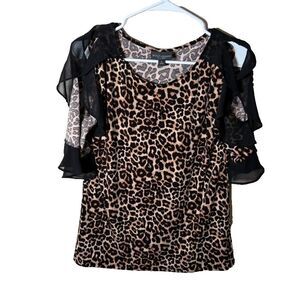 Bold Elements Blouse Women's Small Cheetah Ruffle Short Sleeve Mesh Top